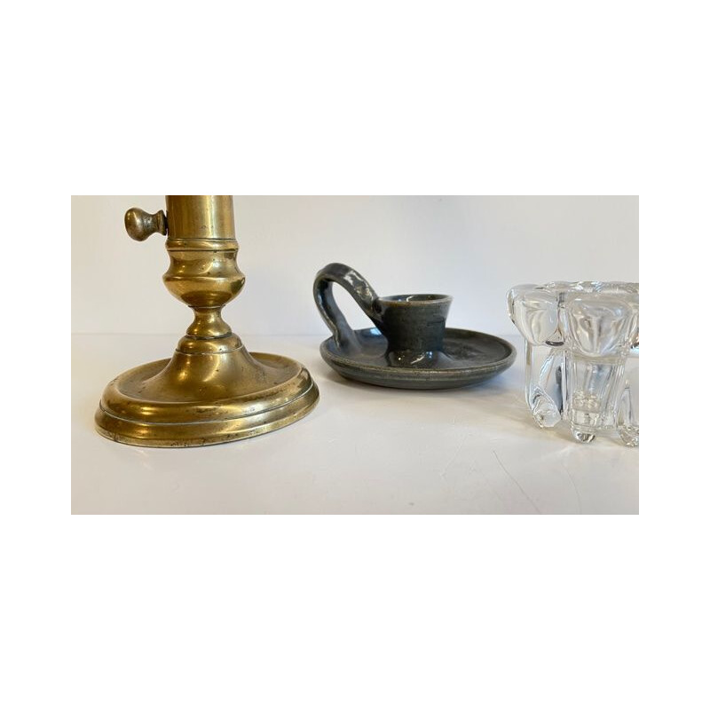 Set di tre portacandele vintage in ottone e cristallo