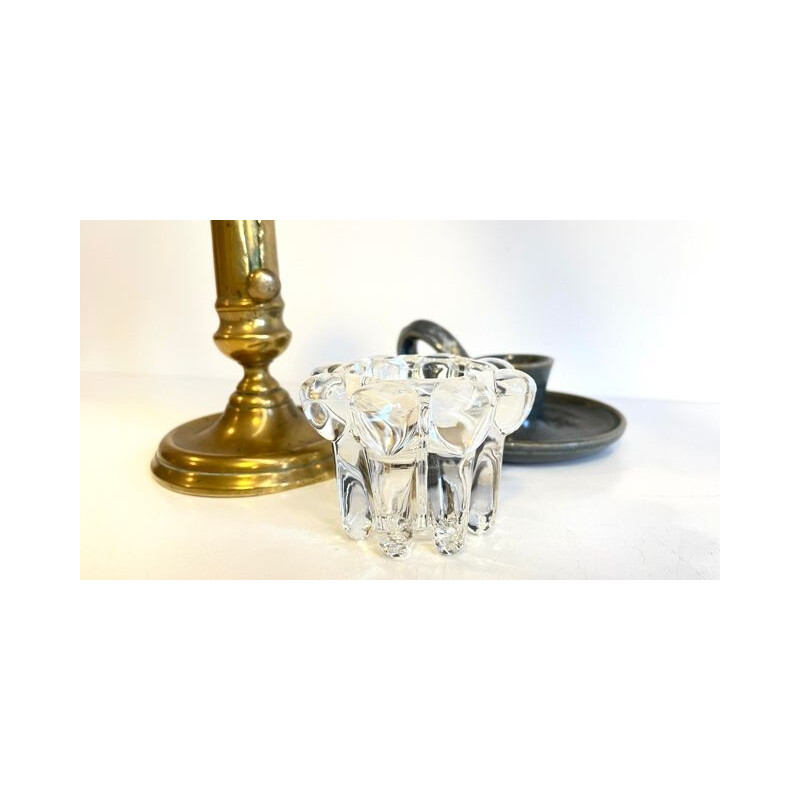 Set of three vintage brass and crystal candle holders