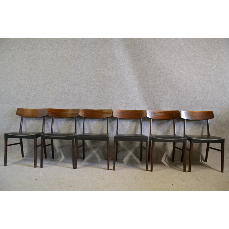 Set of 6 Danish dining chairs in rosewood and black leatherette - 1950s