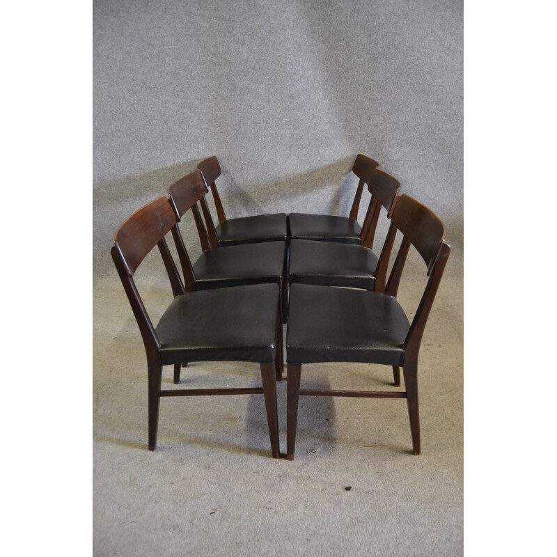 Set of 6 Danish dining chairs in rosewood and black leatherette - 1950s