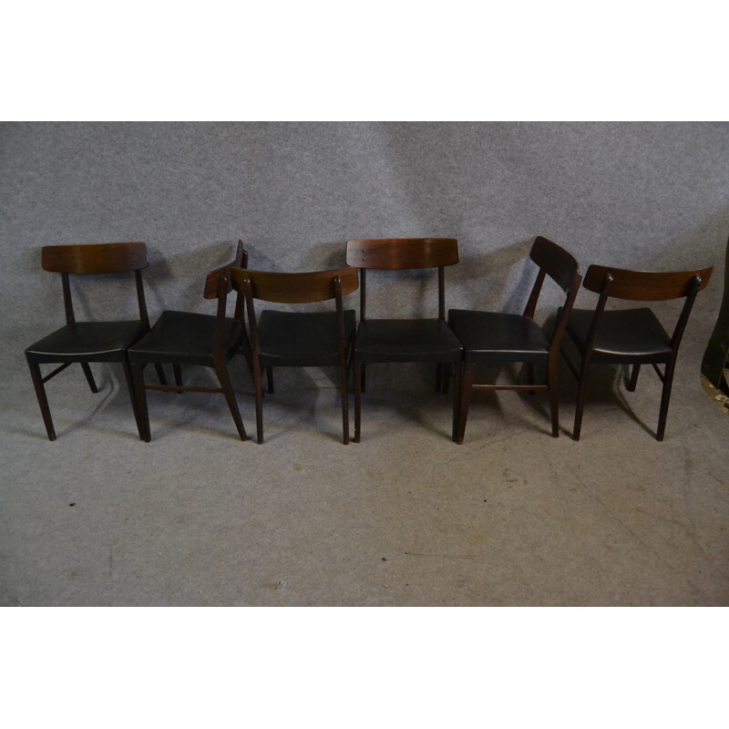 Suite de 6 chaises scandinave en palissandre et simili cuir noir - 1950