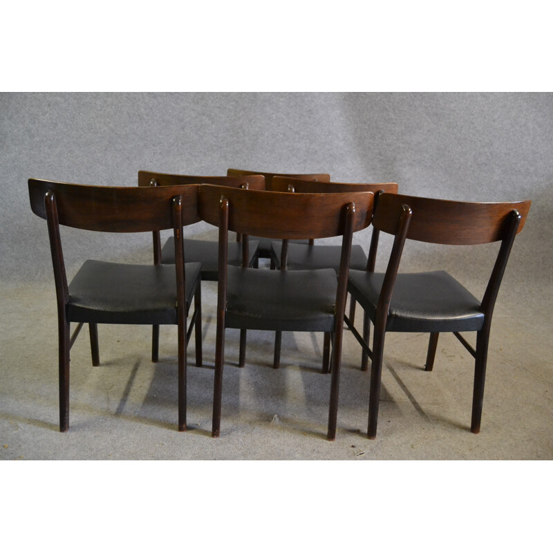 Suite de 6 chaises scandinave en palissandre et simili cuir noir - 1950