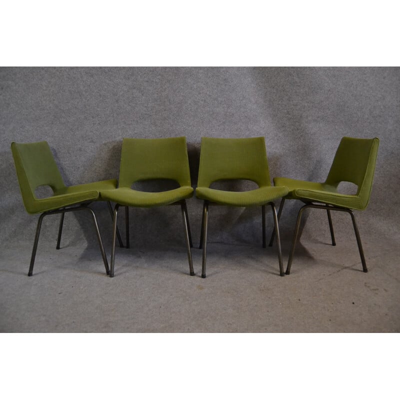 Set of 4 EFA chairs in metal and apple green fabric, Georges FRYDMAN - 1960s