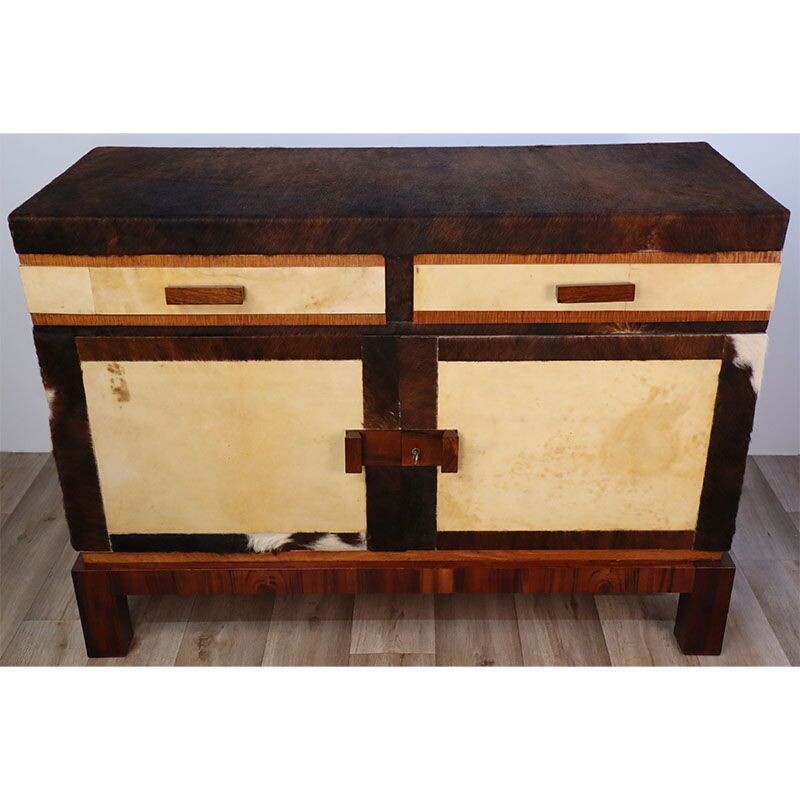 Credenza bassa vintage in noce e cuoio, 1950