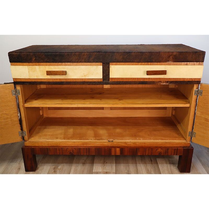 Vintage walnut and cowhide sideboard, 1950