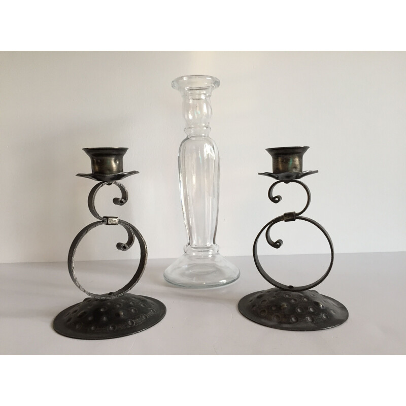 Set of 3 vintage glass and metal candle holders