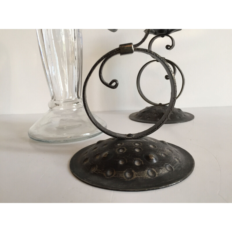 Set of 3 vintage glass and metal candle holders