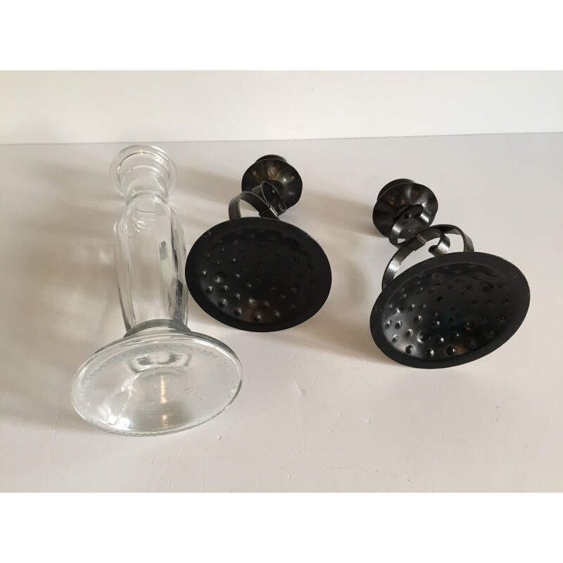 Set of 3 vintage glass and metal candle holders