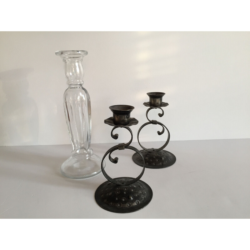 Set of 3 vintage glass and metal candle holders