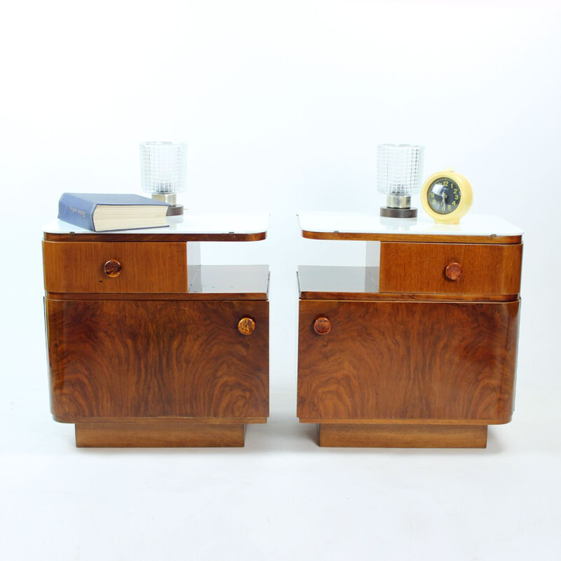 Vintage Art Deco Night stands in walnut and white opaline glass, Czechoslovakia 1950s