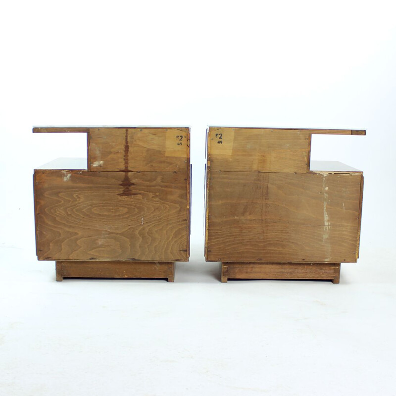 Vintage Art Deco Night stands in walnut and white opaline glass, Czechoslovakia 1950s