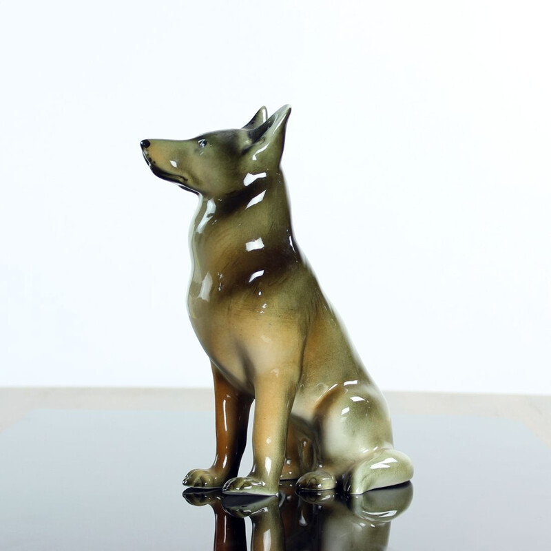 Vintage porcelain statue of a German shepherd by Royal Dux, Czechoslovakia 1960