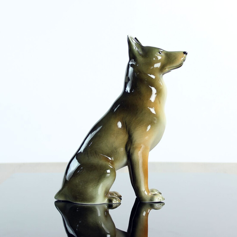 Vintage porcelain statue of a German shepherd by Royal Dux, Czechoslovakia 1960