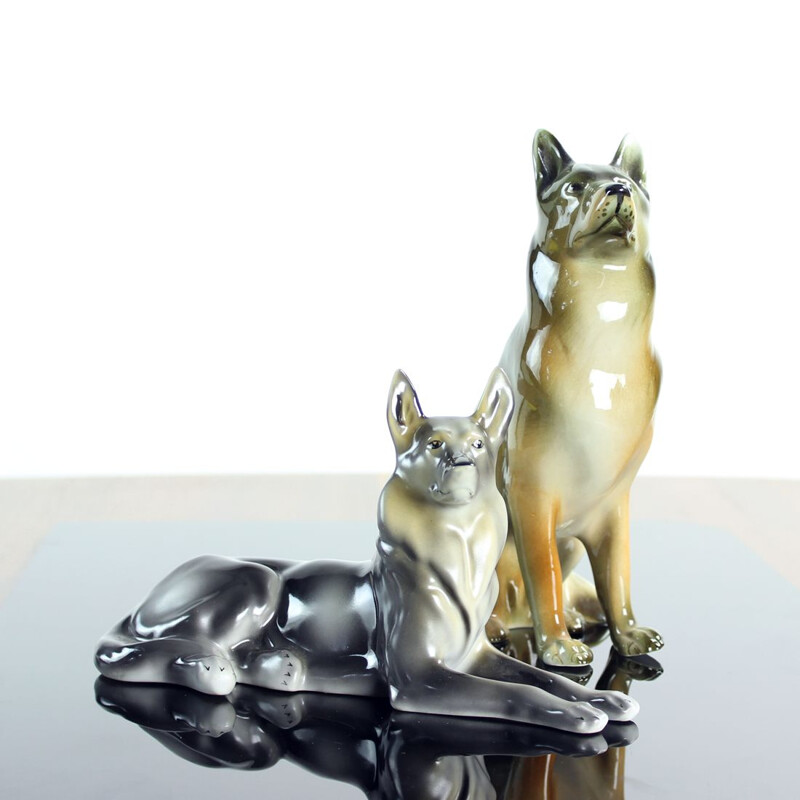 Vintage porcelain statue of a German shepherd by Royal Dux, Czechoslovakia 1960