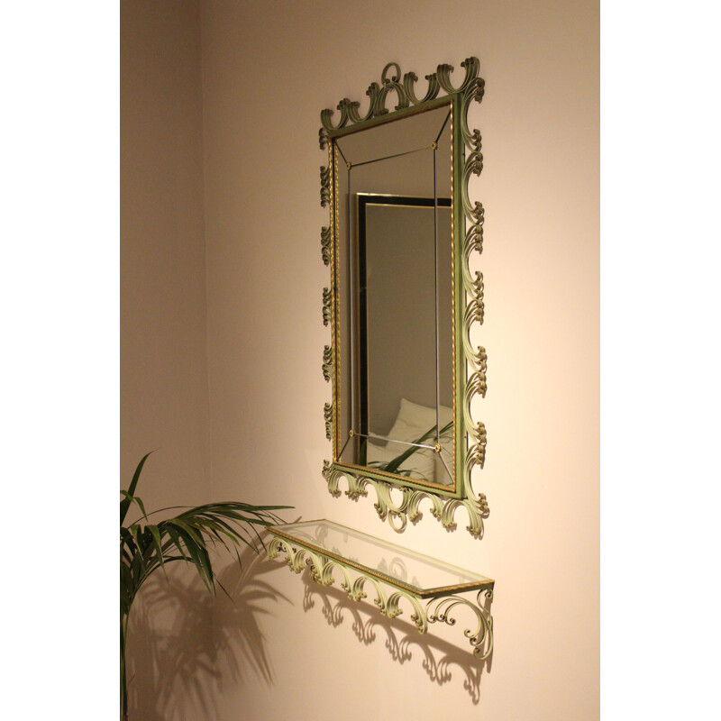 Art Deco lead mirror vintage with forged iron console lacquered in pistachio green and gold color