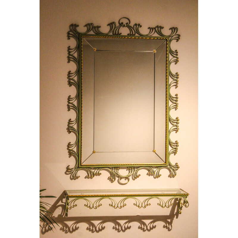 Art Deco lead mirror vintage with forged iron console lacquered in pistachio green and gold color