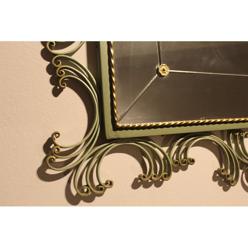 Miroir en plomb Art Déco vintage avec console en fer forgé laqué en couleur vert pistache et or