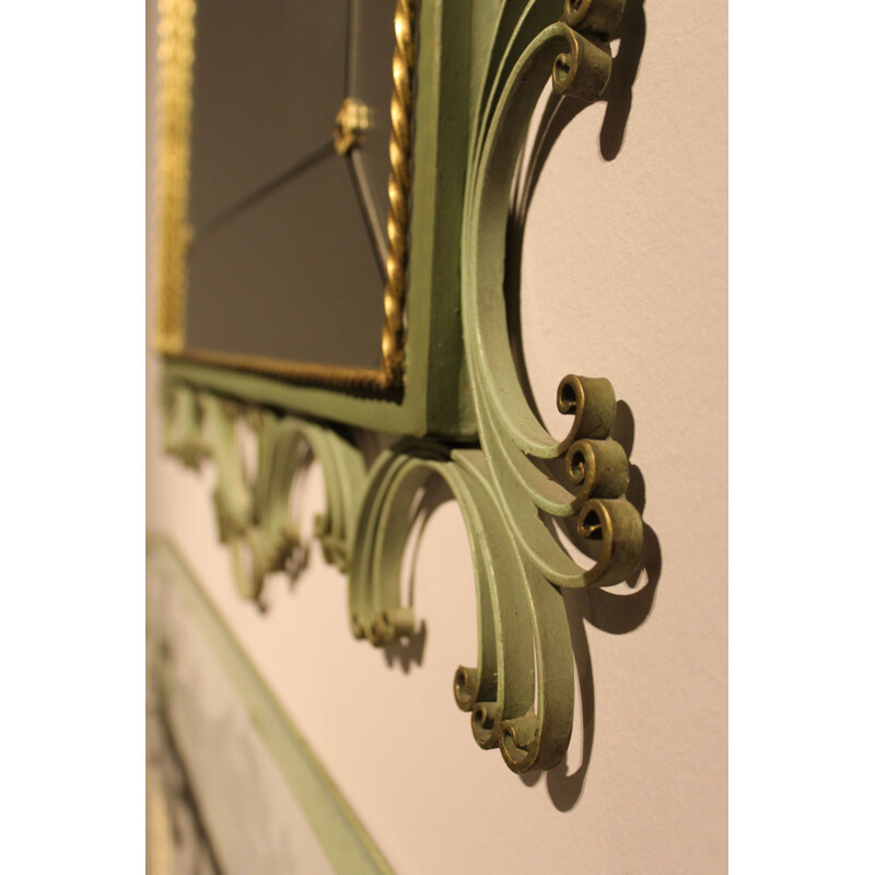 Art Deco lead mirror vintage with forged iron console lacquered in pistachio green and gold color