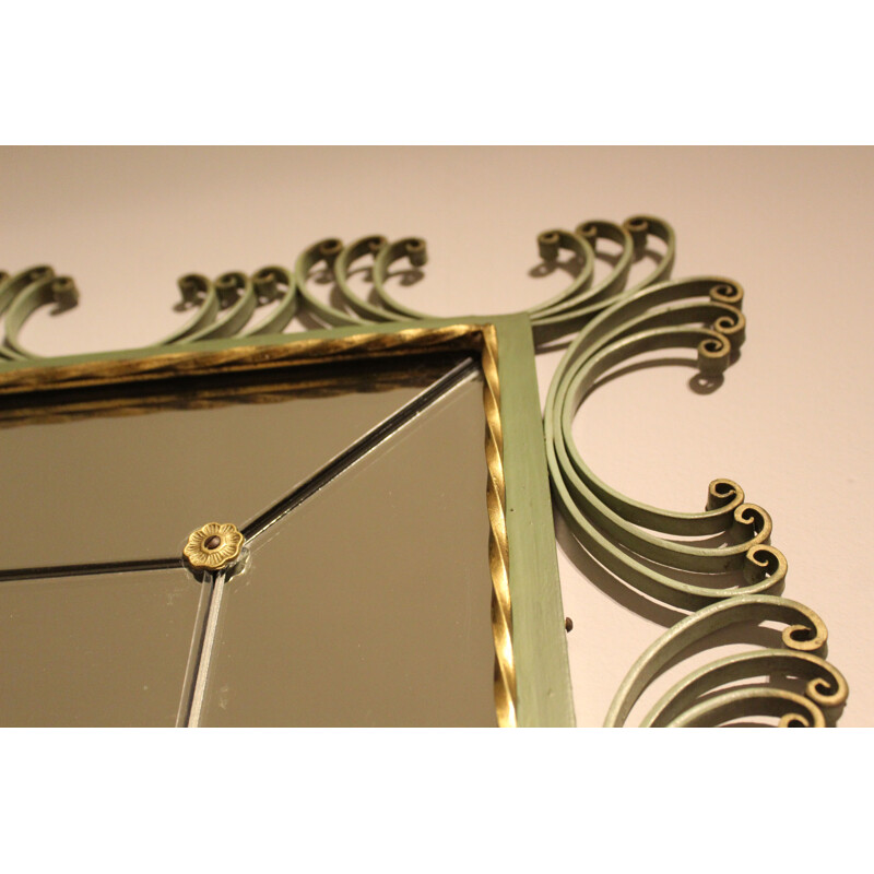 Art Deco lead mirror vintage with forged iron console lacquered in pistachio green and gold color