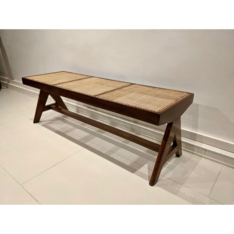 Banc vintage en teck massif et cannage de Pierre Jeanneret, 1956