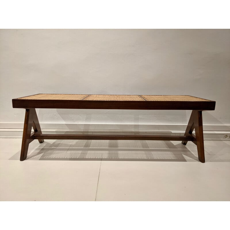 Banc vintage en teck massif et cannage de Pierre Jeanneret, 1956