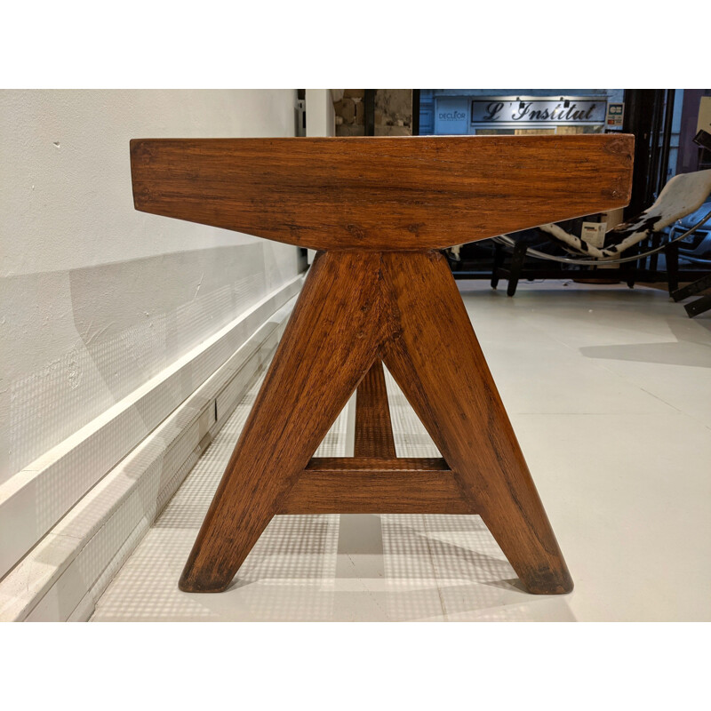 Banco vintage de teca maciza y caña de Pierre Jeanneret, 1956