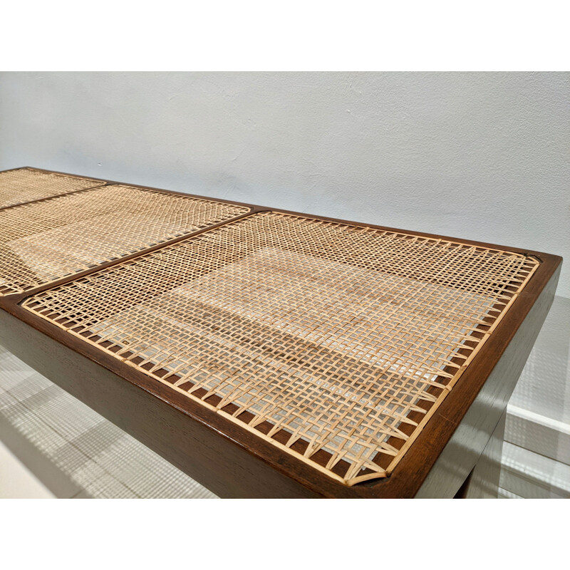 Vintage bench in solid teak and cane by Pierre Jeanneret, 1956