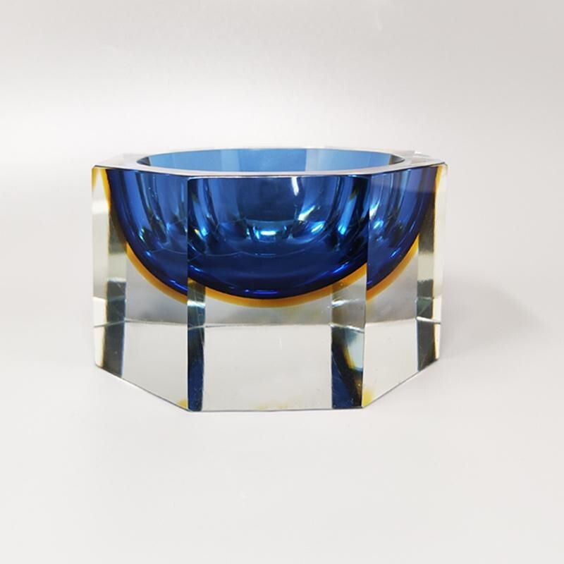 Vintage big blue and yellow vide poche or ashtray by Flavio Poli for Seguso, 1960s