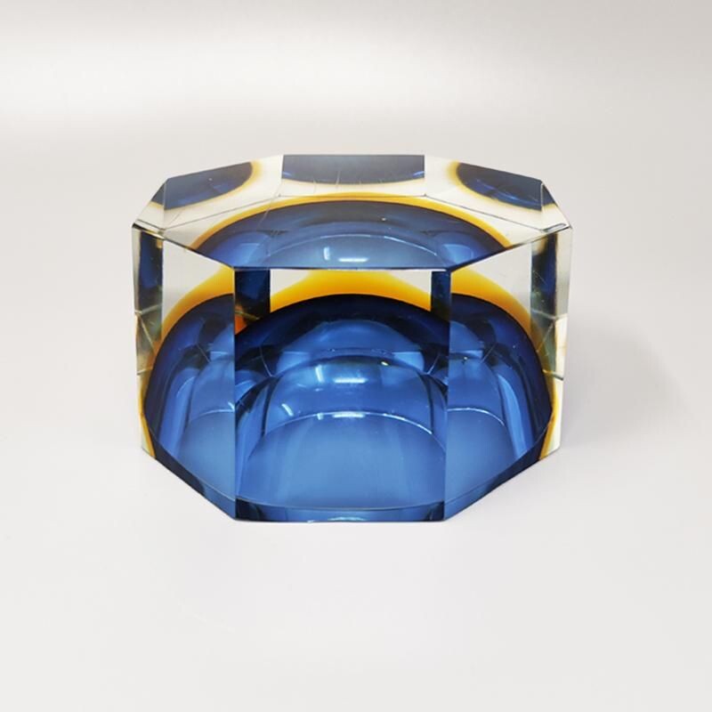 Vintage big blue and yellow vide poche or ashtray by Flavio Poli for Seguso, 1960s