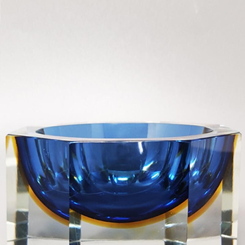 Vintage big blue and yellow vide poche or ashtray by Flavio Poli for Seguso, 1960s