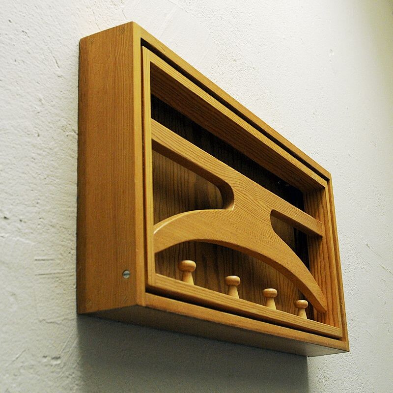 Mid-century swedish wall mounted pine wood valet rack, 1970s