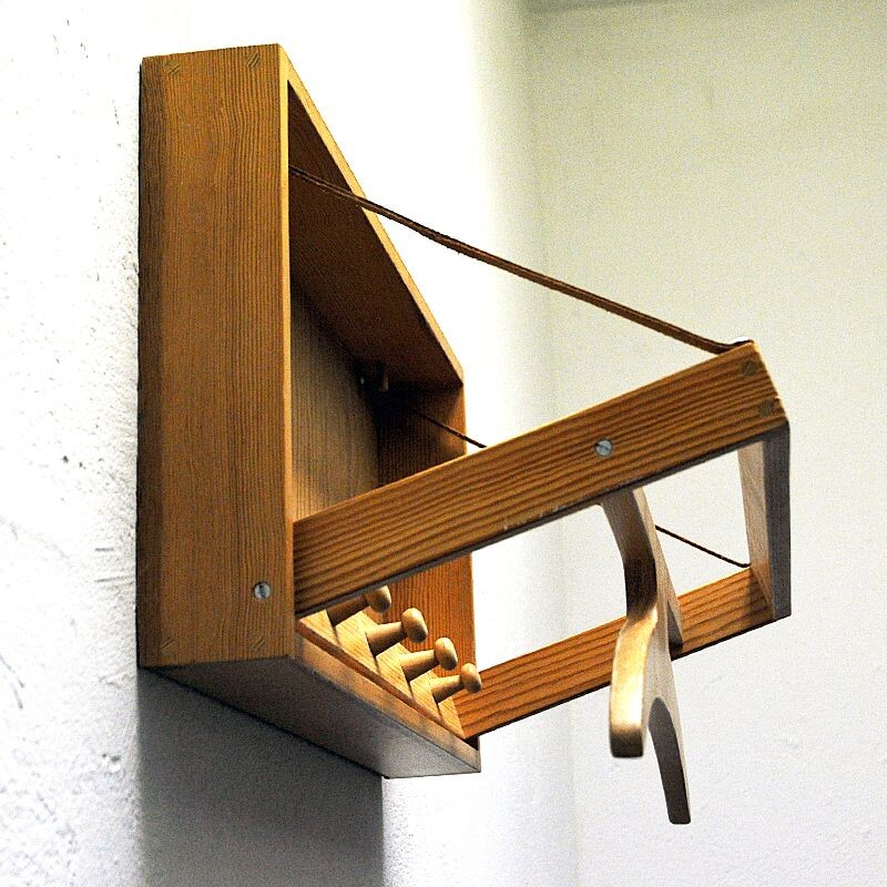 Mid-century swedish wall mounted pine wood valet rack, 1970s