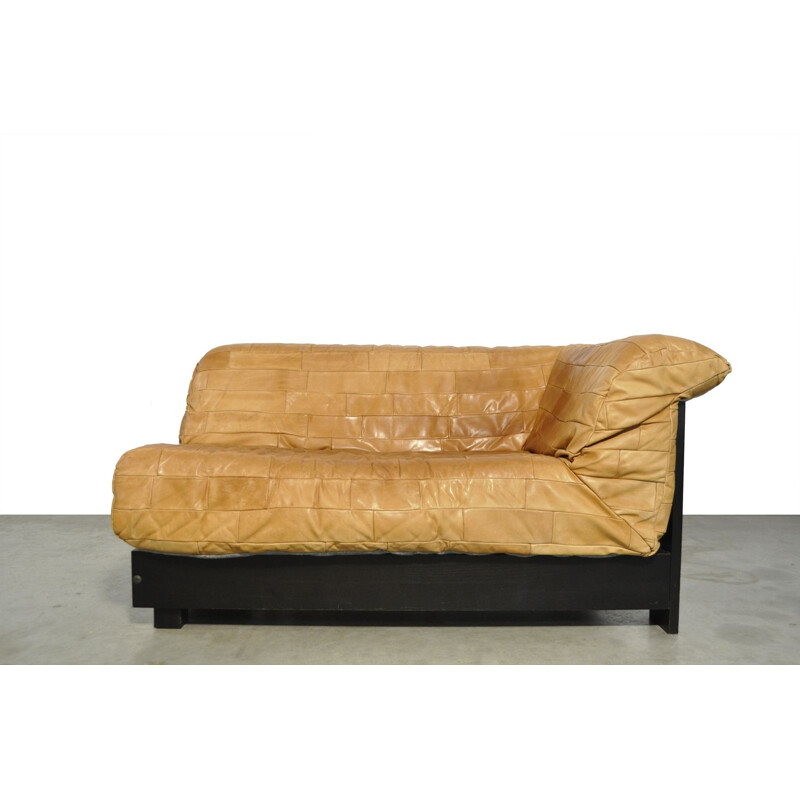 Mid-century patchwork leather 2-seater sofa bed, 1980s