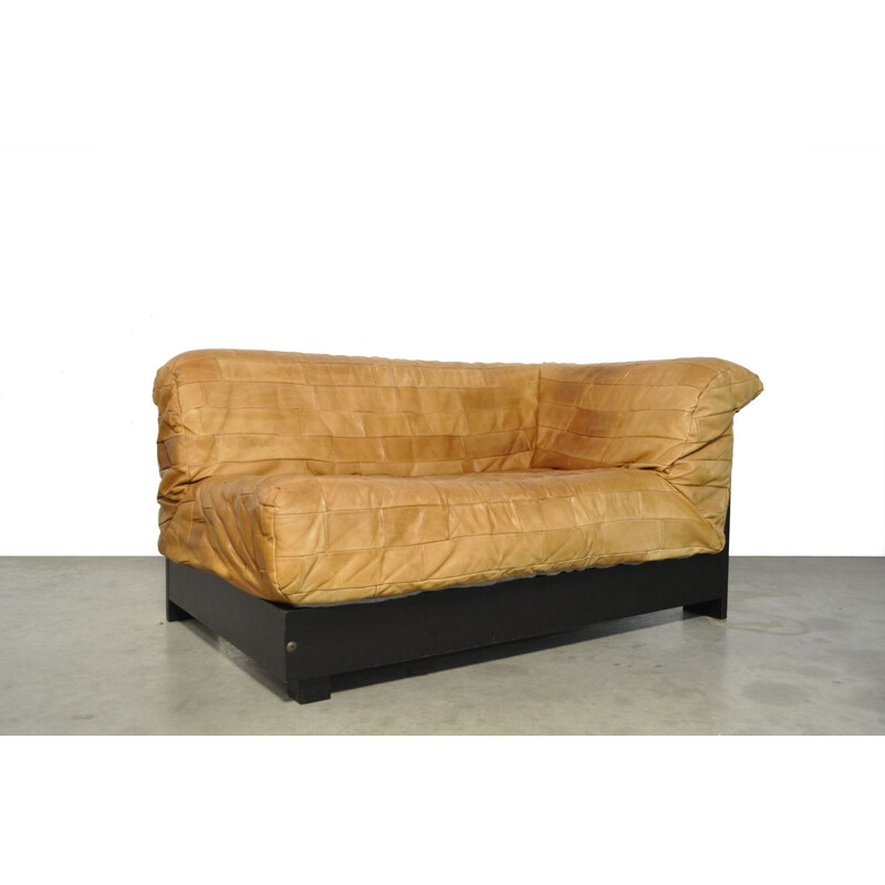 Mid-century patchwork leather 2-seater sofa bed, 1980s