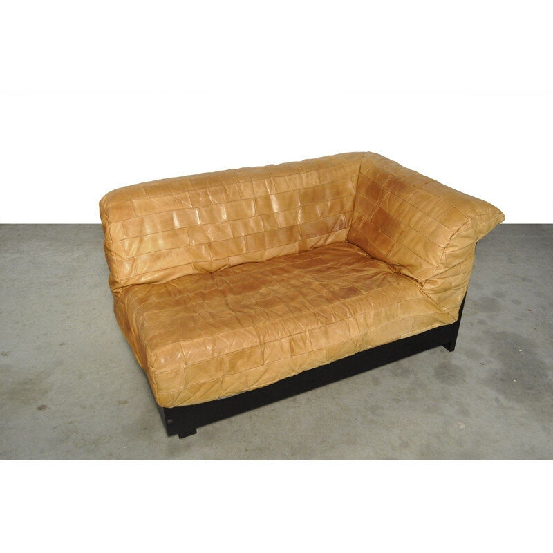 Mid-century patchwork leather 2-seater sofa bed, 1980s