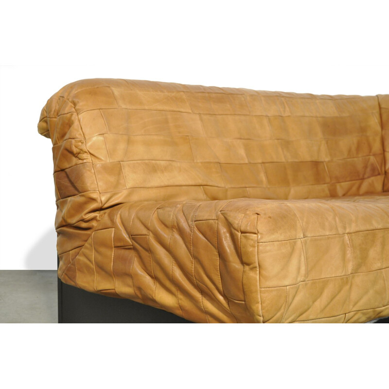 Mid-century patchwork leather 2-seater sofa bed, 1980s