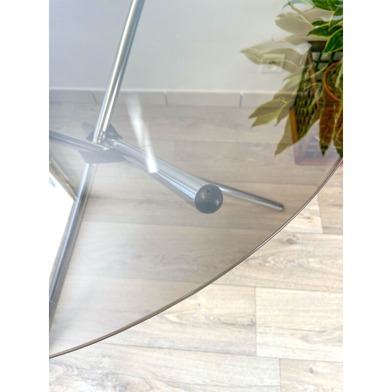 Vintage round tripod table in smoked glass by Roche Bobois, 1970s