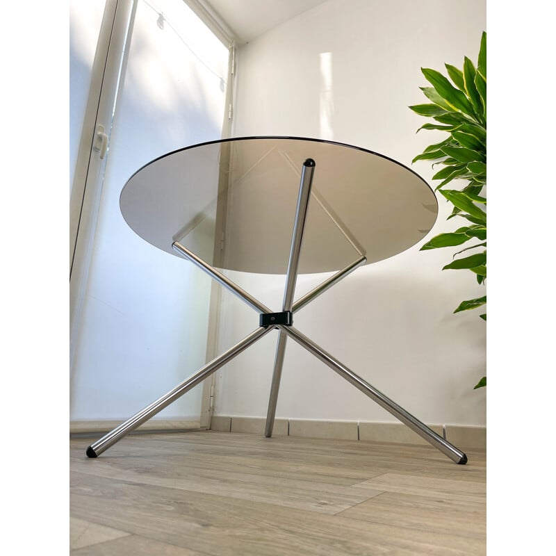 Vintage round tripod table in smoked glass by Roche Bobois, 1970s