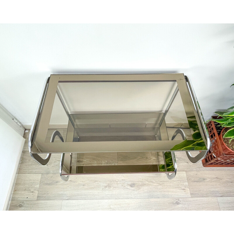 Vintage Bauhaus style sideboard in smoked glass and chrome, 1970s