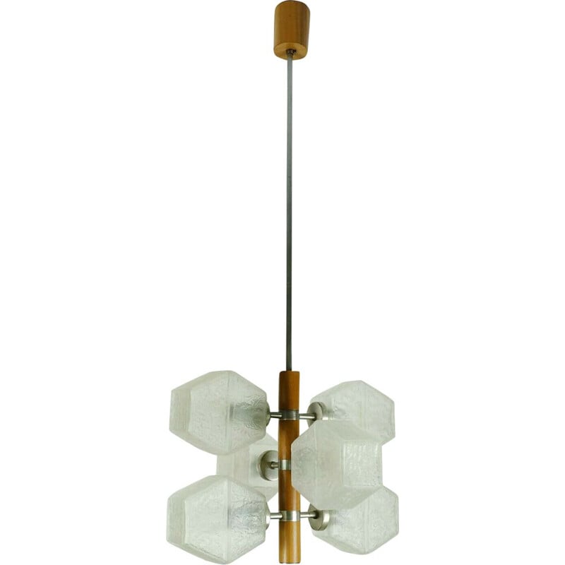 Vintage 6-light chandelier in teak and glass by Temde-Leuchten, 1960s