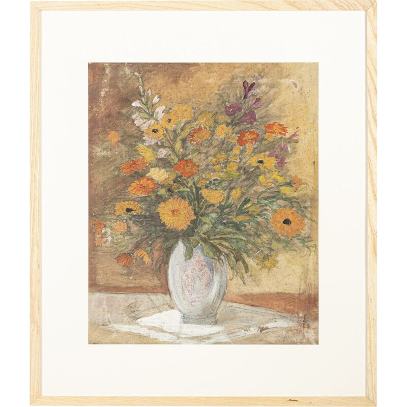 Vintage Art Deco watercolor "Flowers" on heavy paper, 1920
