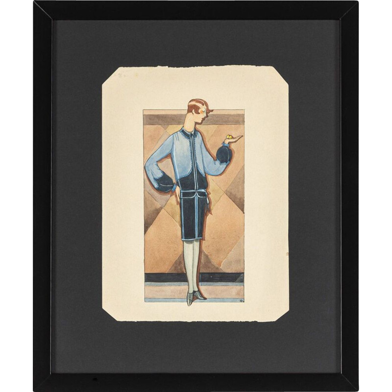 Gouache on vintage paper fashion illustration, 1920