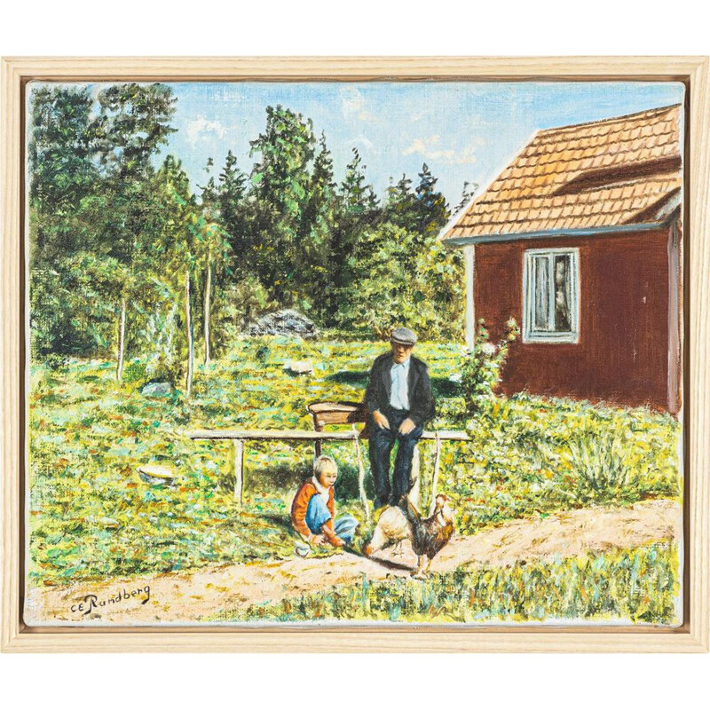 Huile sur toile vintage "Ferme suédoise" 50 x 42 cm 