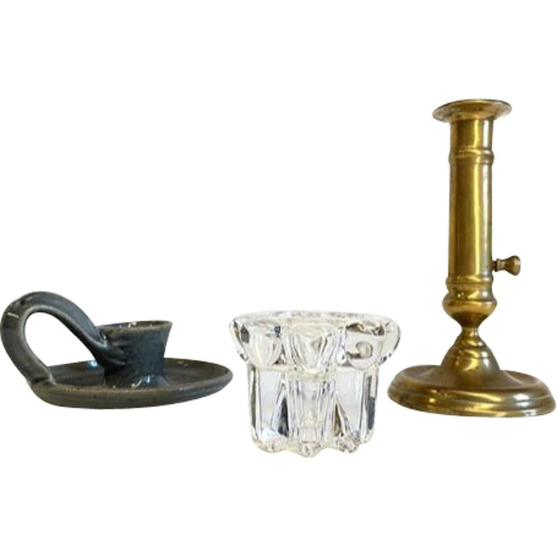 Set di tre portacandele vintage in ottone e cristallo