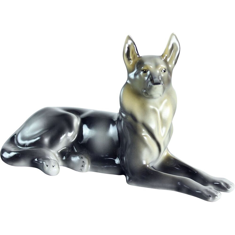 Mid-century porcelain statue of German Shepard by Hollohaza, Hungary 1831