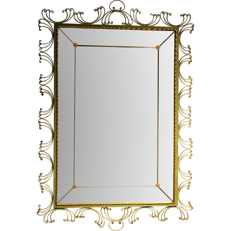 Art Deco lead mirror vintage with forged iron console lacquered in pistachio green and gold color