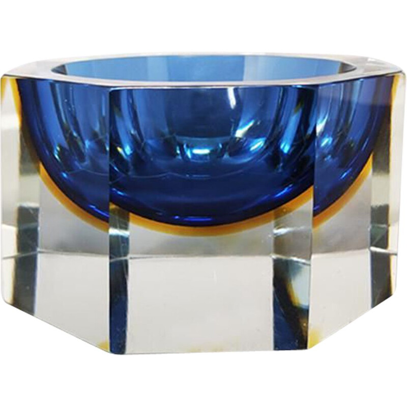 Vintage big blue and yellow vide poche or ashtray by Flavio Poli for Seguso, 1960s