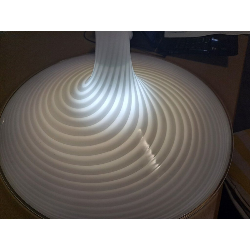Leucos swirling white murano glass vintage pendant lamp, 1970