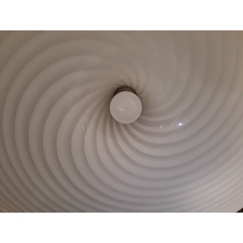 Leucos swirling white murano glass vintage pendant lamp, 1970