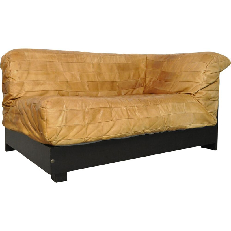 Mid-century patchwork leather 2-seater sofa bed, 1980s